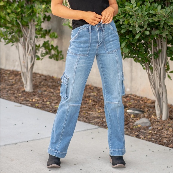 Judy Blue Allison Jeans High Rise Wide Leg Cargo Utility Stretchy Baggy Sz 7/28 - Picture 15 of 15